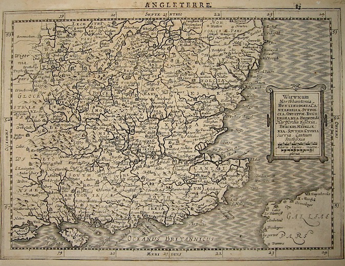 Mercator Gerard - Hondius Jodocus Warwicum, North hamtonia, Huntingdonia, Cantabrigia, Suffolcia, Oxonium, Buckinghamia, Bedfordia, Hartfordia, Essexia... 1630 Amsterdam 